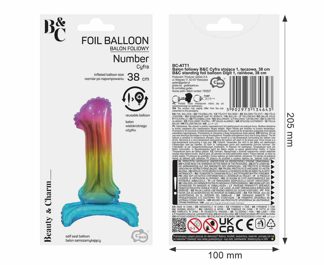 B&C foil balloon Standing digit 1, rainbow, 38 cm